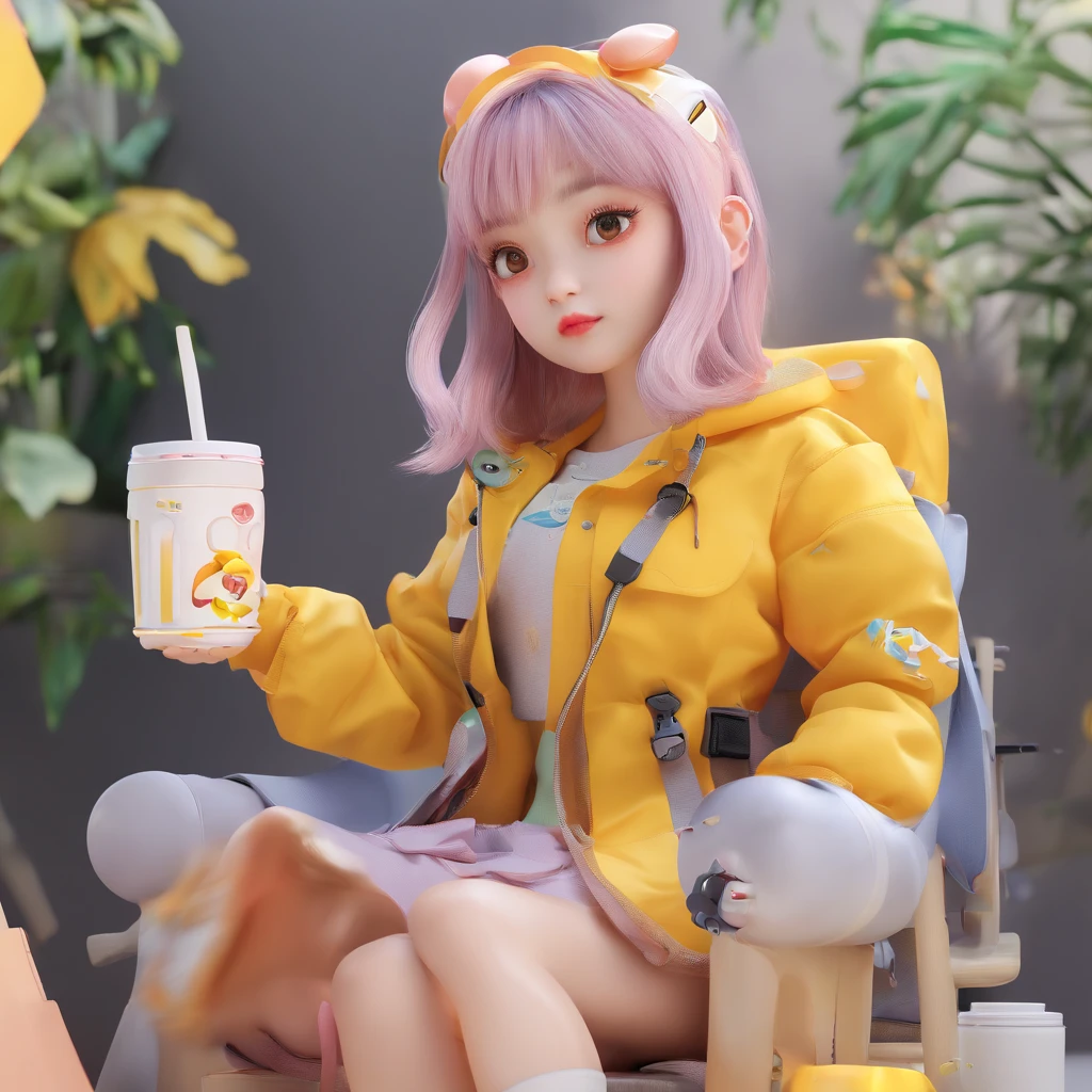Super Cute Girl IP by Pop Mart, bright yellow eyes,Milk tea hair color、Two-side-up、bobhair、Zito-order、Sleepy eyes、Cherub,Yellow outerwear、Black hood、cyberpunked、clay, modeled, Glossy and delicate,clean back ground, Good luster, 3D rendering of a,Best Quality