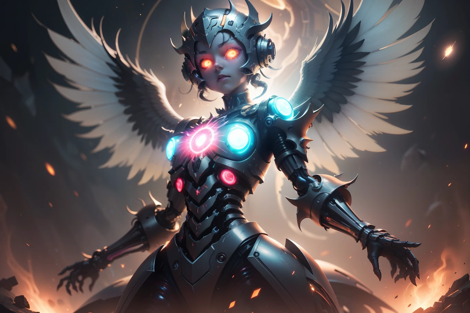 Cosmic Fallen Angel, glowing light eyes, Biomechanical, eerie, Creepy, nightmarish, Very bright colors, Light particles, with light glowing, Mshiff, wallpaper art, UHD wallpaper