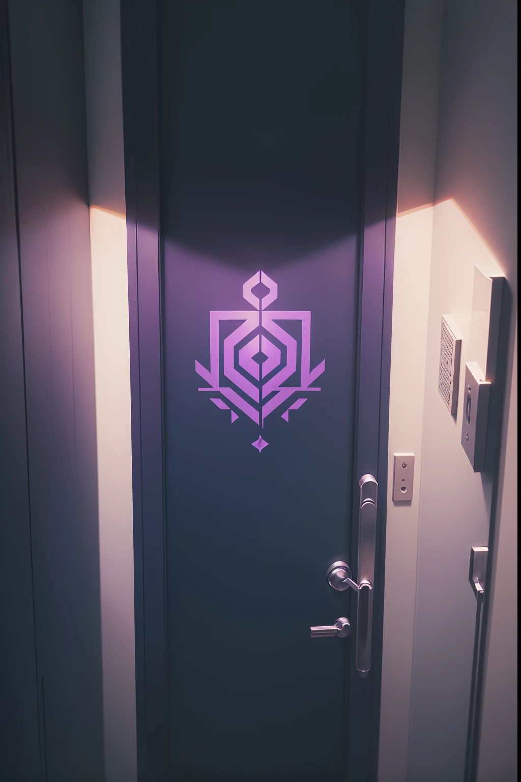 crie uma logo que apresenta um elevador estilizado com portas parcialmente abertas, revelando um brilho misterioso no interior. This glow contains subtle details, as enigmatic symbols, scrolls with indecipherable writing and shadows that suggest the presence of Darkness. The color palette is dominated by shades of dark blue and purple, criando uma atmosfera misteriosa. The logo is designed to look ordinary at first glance, But it reveals hidden details that symbolize the mysteries of the game.