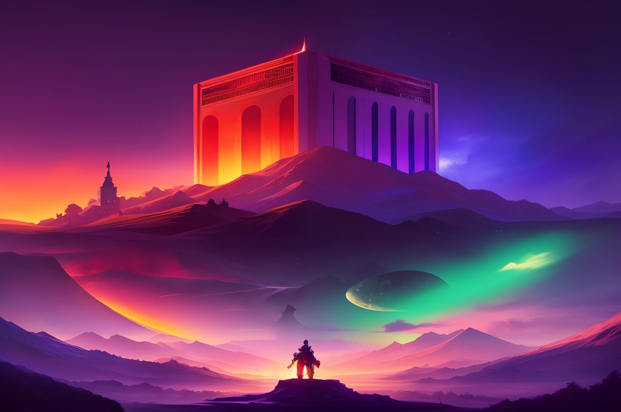 a man standing on a hill looking at a tower in the sky, Artgem e Beeple Masterpiece, cores do bipe, Arte bonita UHD 4K, arstation e bipe altamente, em estilo de bipe, Artem Demura Beeple, arte do bipe, Obra-prima Beeple, 4K HD papel de parede ilustrativo