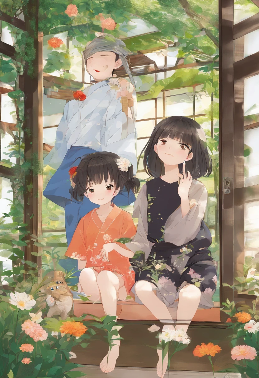 Two happy little boys and a little girl sitting on the roof，Take a full-body photo，Laughed happily。The boy wears a kimono，Barefoot，，The girl wears a kimono，Barefoot，，black color hair，casa，fresh flowers，Hayao Miyazaki and other small animals。A round face，largeeyes，long eyelasher，Happy little boy at sunset，
