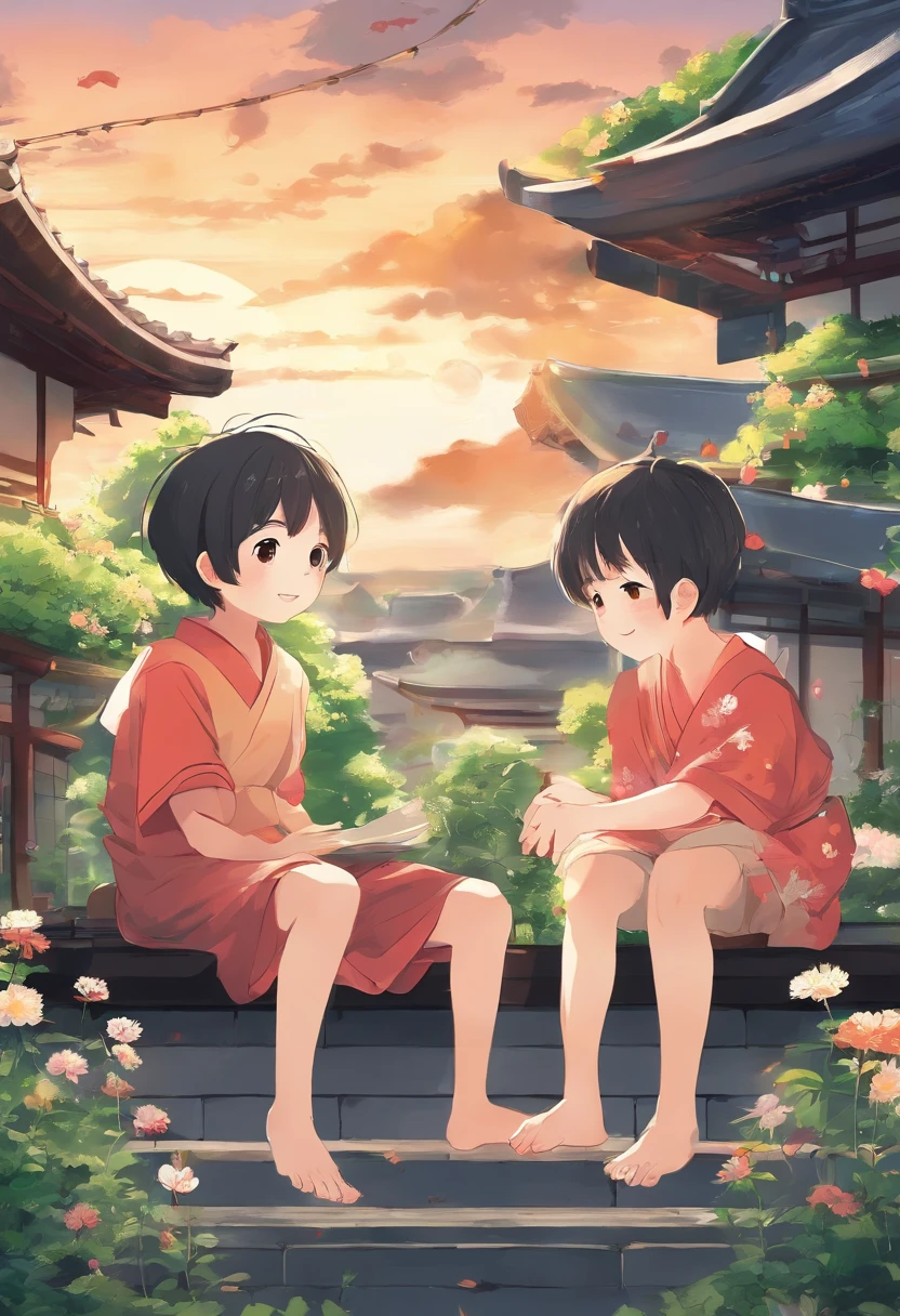 Two happy little boys and a little girl sitting on the roof，Take a full-body photo，Laughed happily。The boy wears a kimono，Barefoot，，The girl wears a kimono，Barefoot，，black color hair，casa，fresh flowers，Hayao Miyazaki and other small animals。A round face，largeeyes，long eyelasher，Happy little boy at sunset，