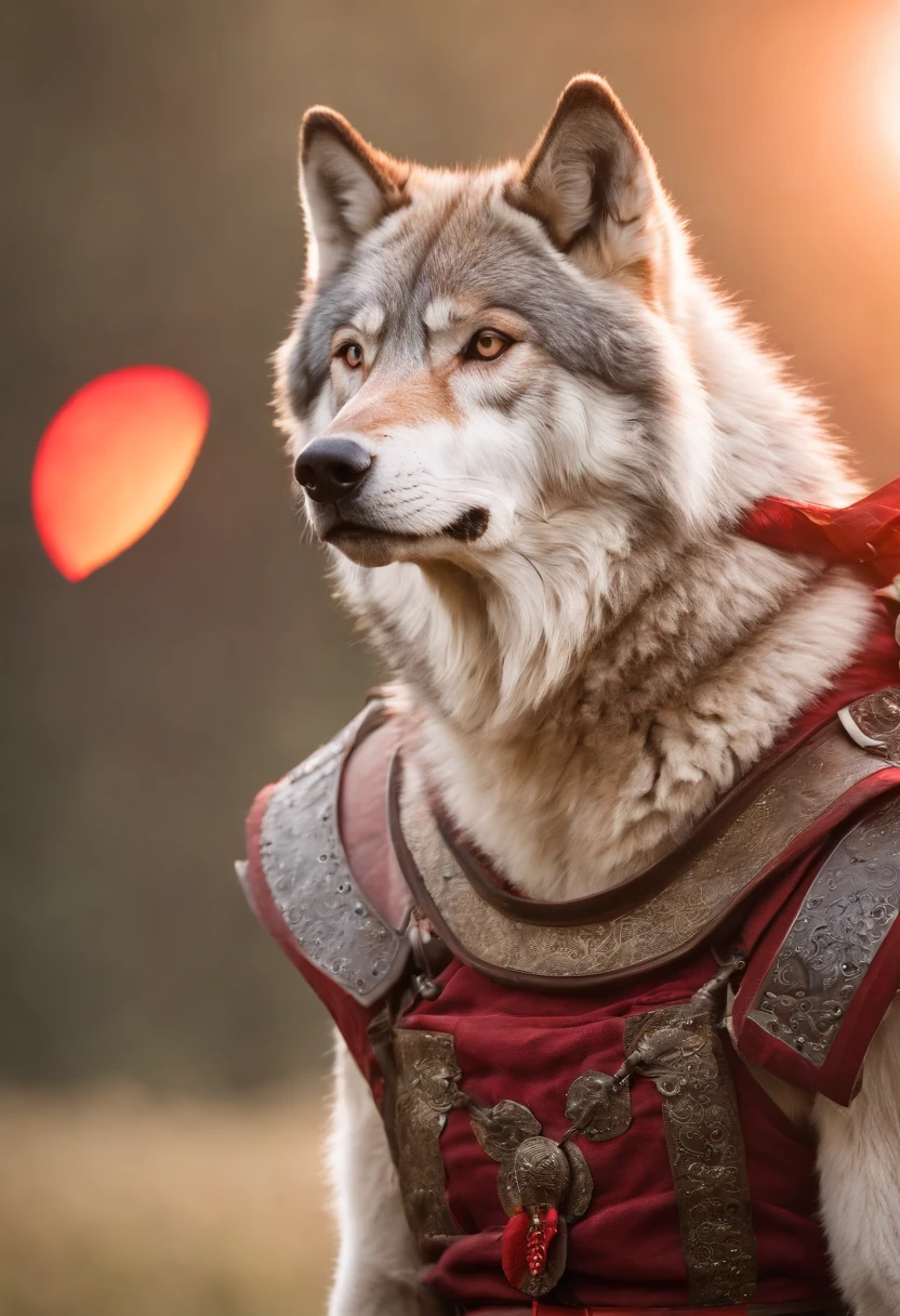 A Siberian wolf warrior with a scar, wearing samurai armor, holding a red-bladed katana, in the background a solar eclipse, ::style fantasy, cinematic, insane details, realistic style, ::n_style digital painting, deformed parts, deformed face, ((ugly face)), ((deformed hands)),