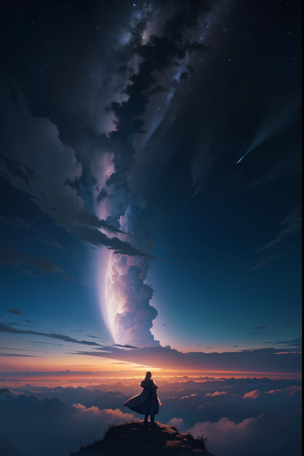 absurdres, highres, (official art, beautiful and aesthetic:1.2), close view, shining sky, vast world, gazing, awe-inspiring expression, distant horizon, clouds, high hill, natural beauty, inspiration, night sky, Shining Stars,
