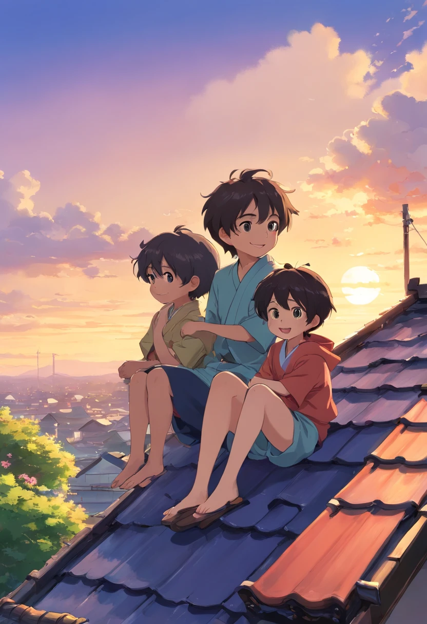 Two happy little boys and a little girl sitting on the roof,Take a full-body photo,Laughed happily。The boy wears a kimono,Barefoot,,The girl wears a kimono,Barefoot,,black color hair,casa,fresh flowers,Hayao Miyazaki and other small animals。A round face,largeeyes,long eyelasher,Happy little boy at sunset,