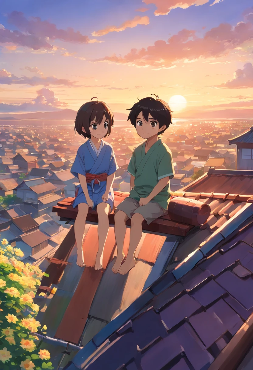 Two happy  boys and a littlesitting on the roof，Take a full-body photo，Laughed happily。The boy wears a kimono，Barefoot，，The girl wears a kimono，Barefoot，，black color hair，casa，fresh flowers，Hayao Miyazaki and other small animals。A round face，largeeyes，long eyelasher，Happy little boy aet，