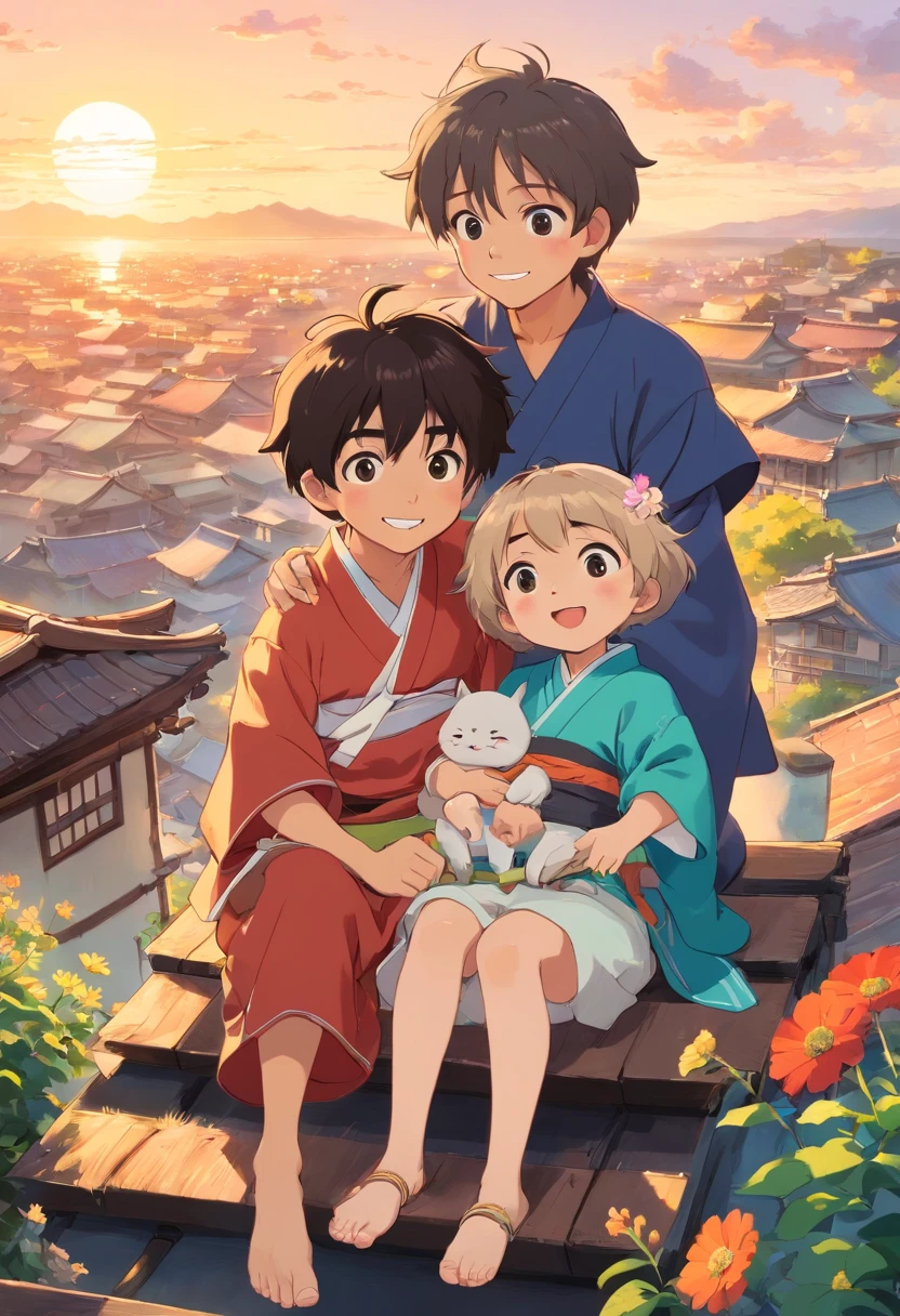 Two happy little boys and a little girl sitting on the roof,Take a full-body photo,Laughed happily。The boy wears a kimono,Barefoot,,The girl wears a kimono,Barefoot,,black color hair,casa,fresh flowers,Hayao Miyazaki and other small animals。A round face,largeeyes,long eyelasher,Happy little boy at sunset,