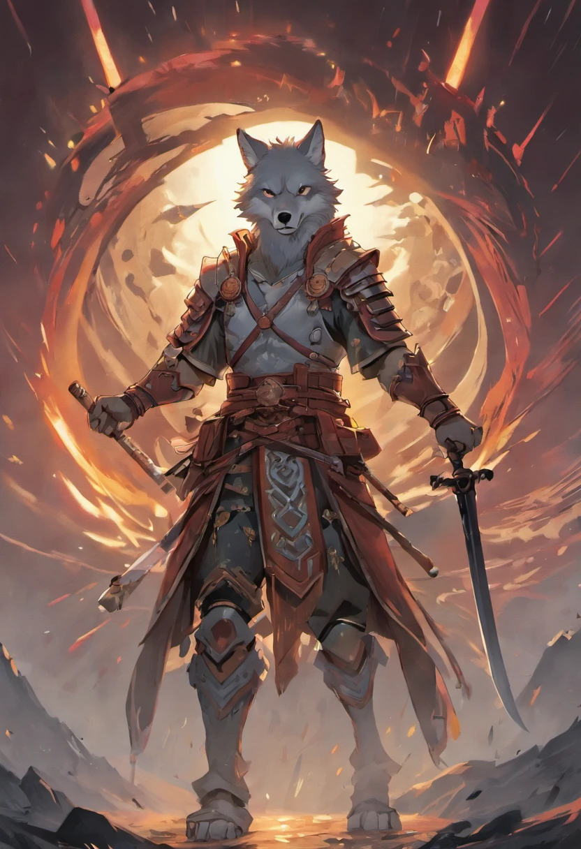 A Siberian wolf warrior with a scar, wearing samurai armor, holding a red-bladed katana, in the background a solar eclipse, ((full body)), ::style  fantasy, cinematic, insane details, realistic style, ::n_style digital painting, deformed parts, deformed face, ((ugly face)), ((deformed hands)),