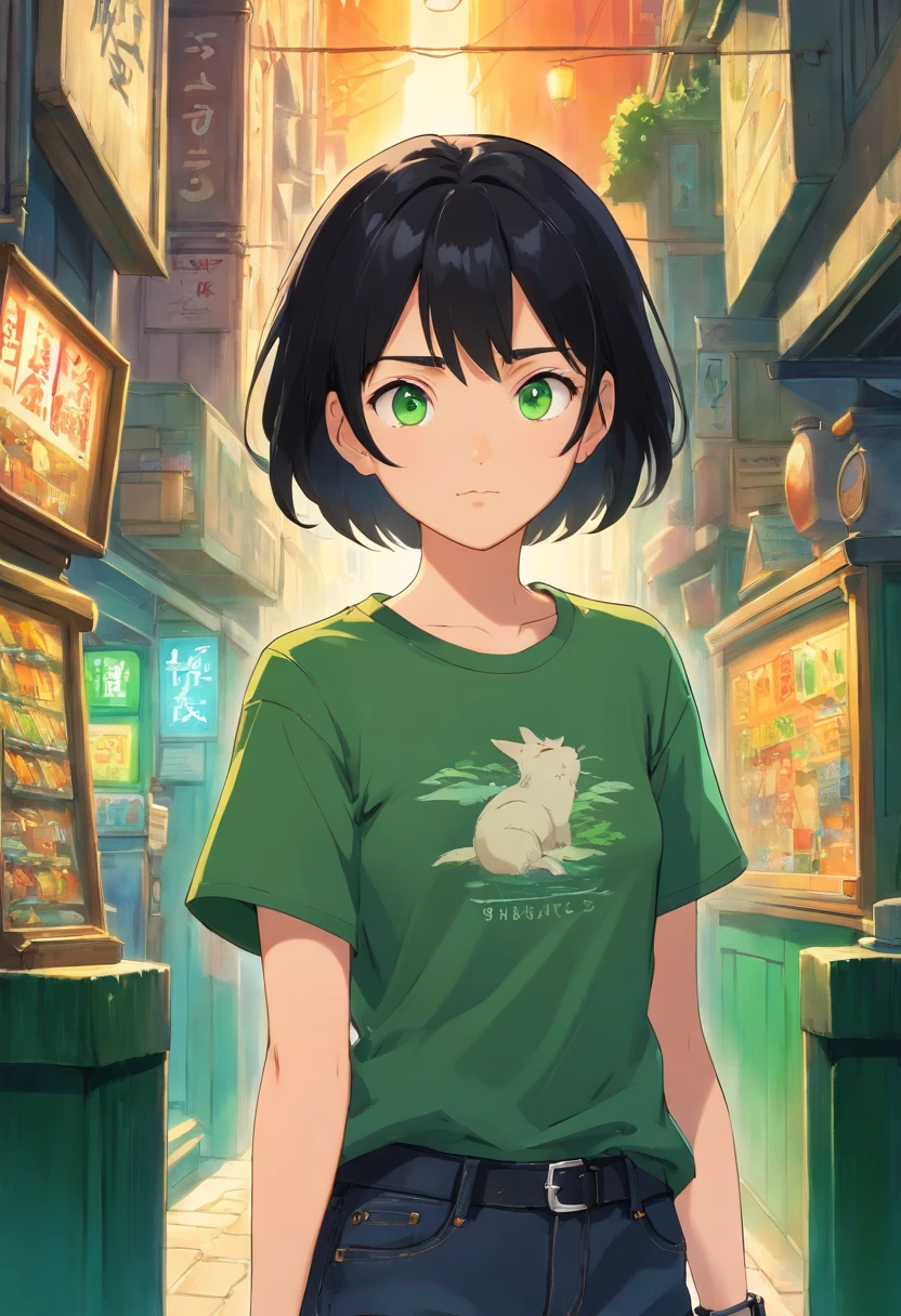 1girl, (masterpiece), black hair, short hair, green eyes, Black t-shirt, black short jeans, smart watch