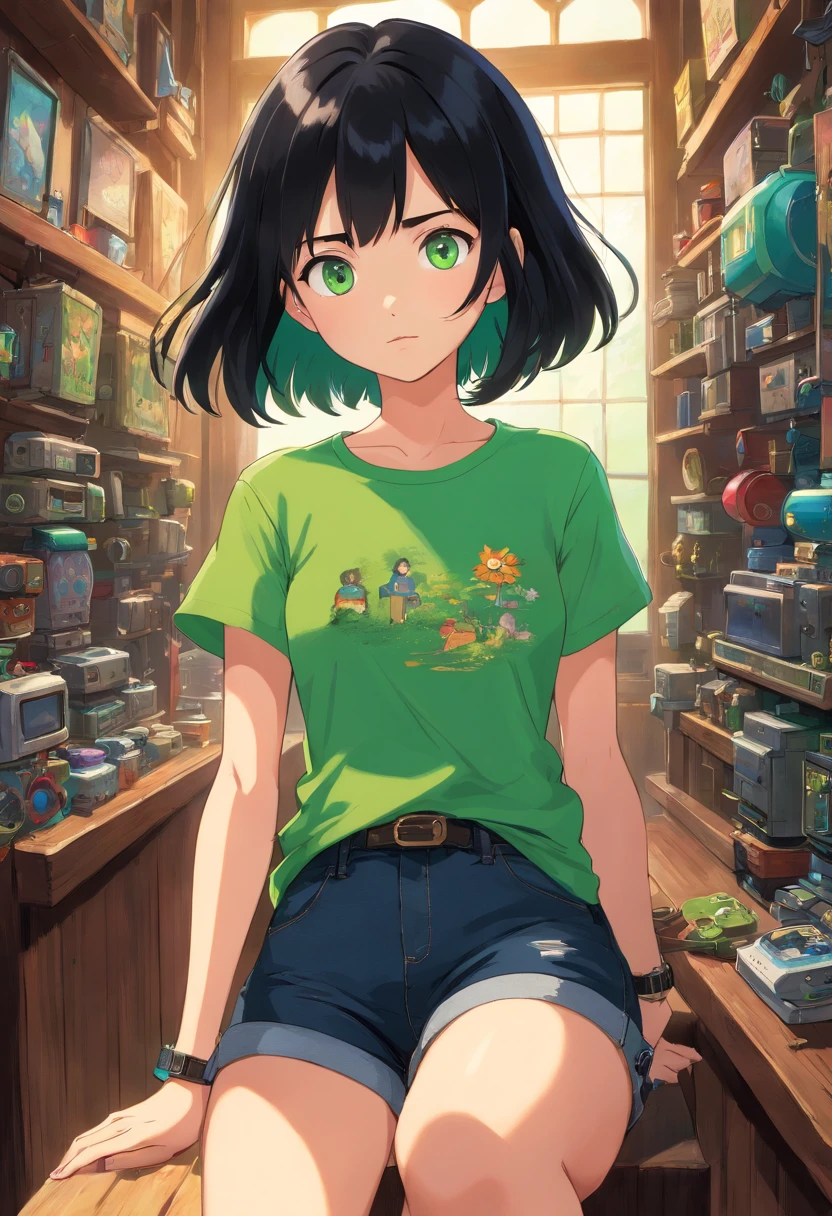 1girl, (masterpiece), black hair, short hair, green eyes, Black t-shirt, black short jeans, smart watch