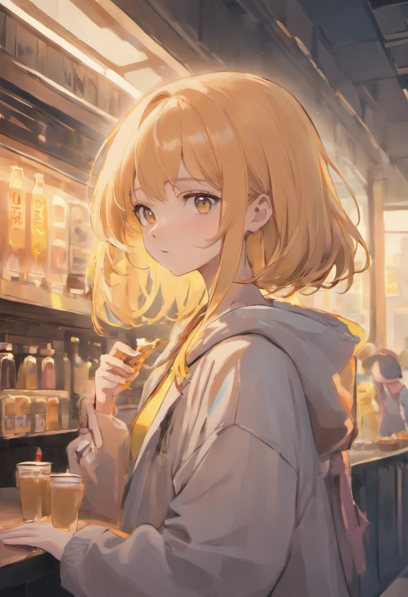 Maximizing female beauty、Delicate and elegant portrait。Depicts a landscape where soft light gently blends into her hair and skin。Milk Tea Hair Color、Two-side-up hair、Bob Hair、Pale yellow eyes、sleepy eyes、Yellow outerwear、Black hoodie、Tapioca milk tea、Holding a drink in your hands