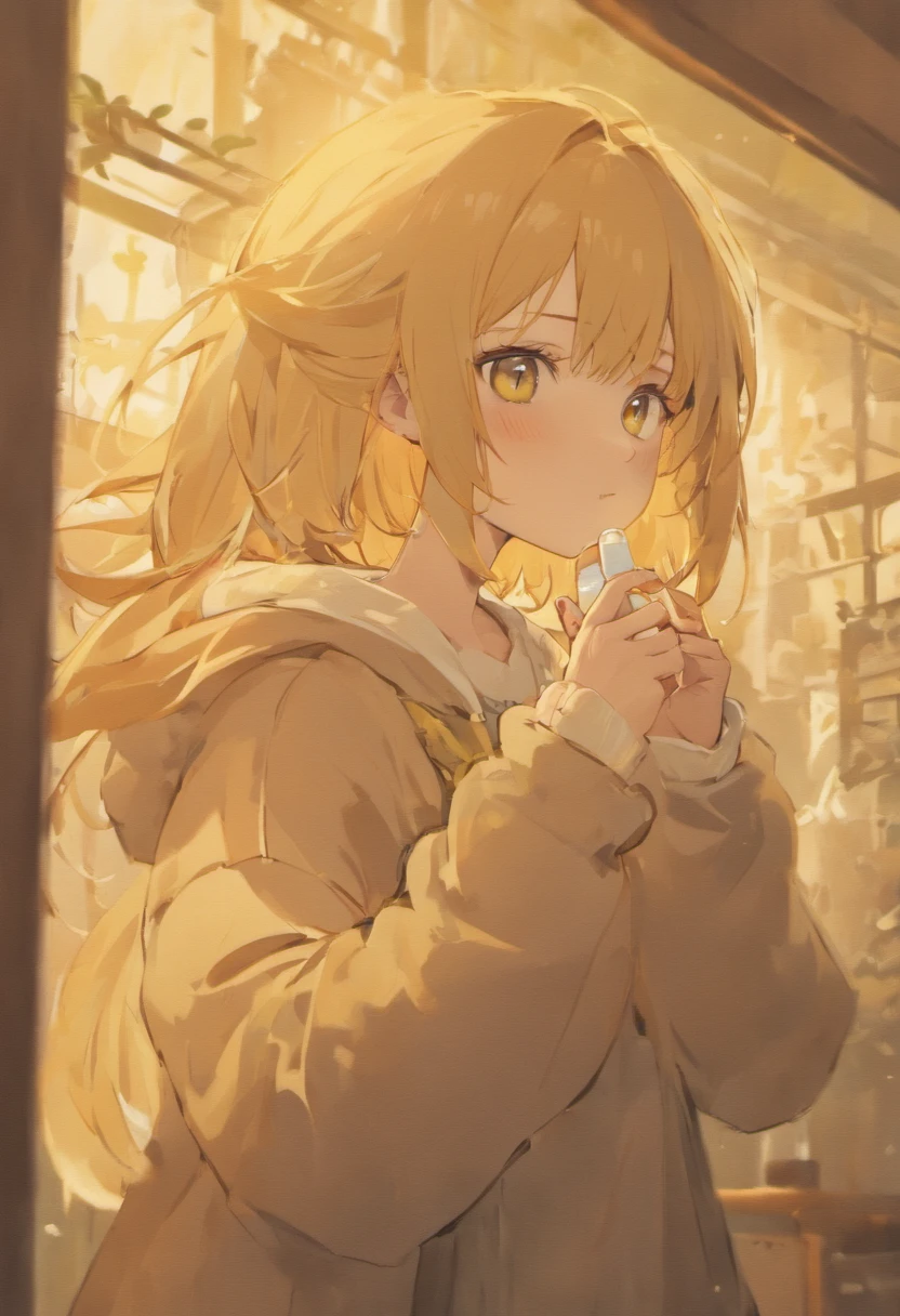 Maximizing female beauty、Delicate and elegant portrait。Depicts a landscape where soft light gently blends into her hair and skin。Milk Tea Hair Color、Two-side-up hair、Bob Hair、Pale yellow eyes、sleepy eyes、Yellow outerwear、Black hoodie、Tapioca milk tea、Holding a drink in your hands