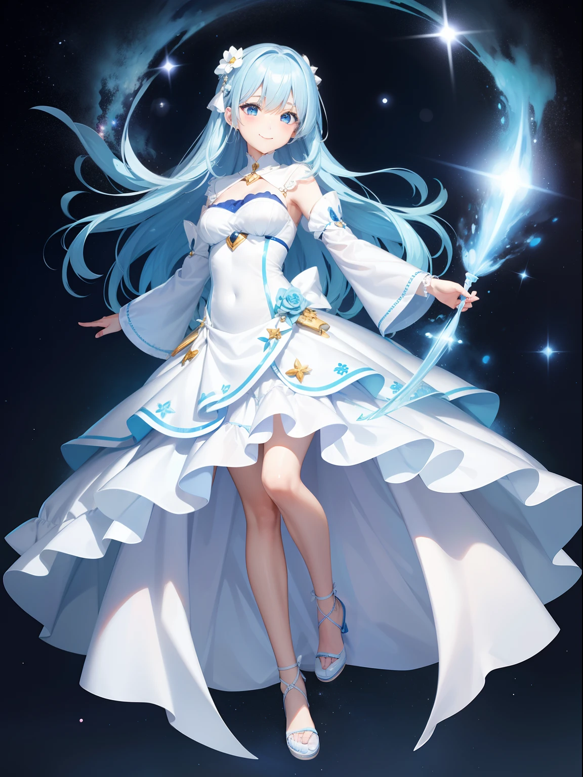 Pretty girl、4K、 masutepiece , sky blue hair , White Dress, Light blue eyes , Smile Night Time , Starry sky, Above the sea、Full body portrait , Face Highlights, Auto Adjust, Optimize image quality