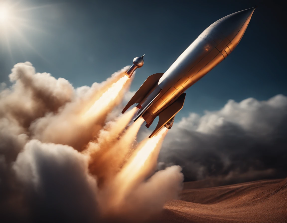 Very detailed image of a real metallic 3D rocket making a curve in the sky, with trail of flames and rocket smoke