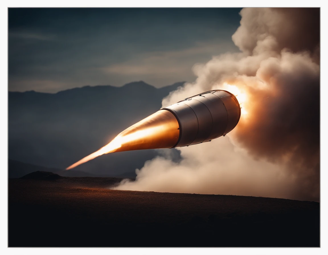 Very detailed image of a real metallic 3D rocket making a curve in the sky, with trail of flames and rocket smoke