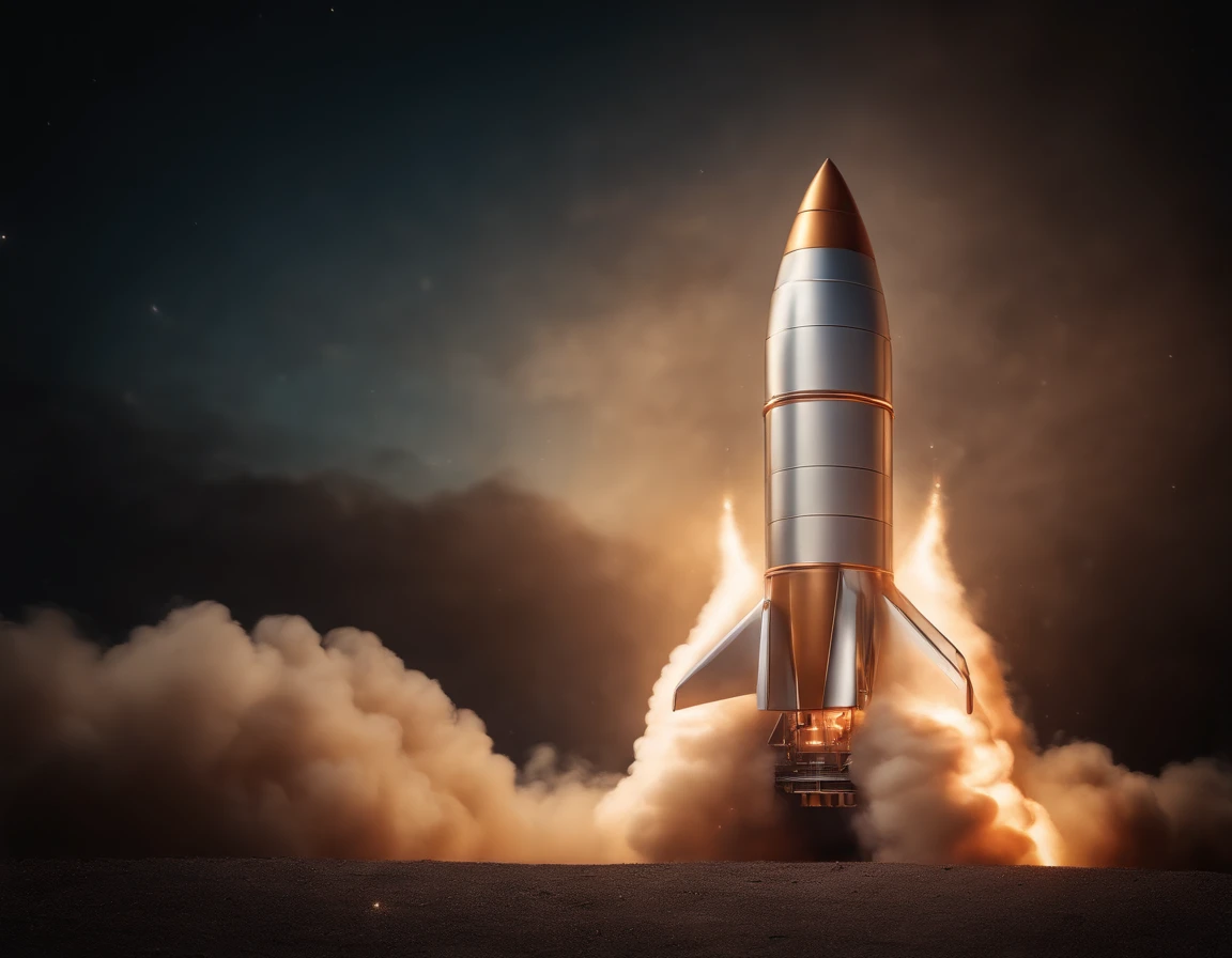 8k,Photoreal,Blue skies,Space rocket launch,tall house,Launcher,Long March 2F rocket,The rocket shoots flames downwards,extreme hight detail,People cheered with joy