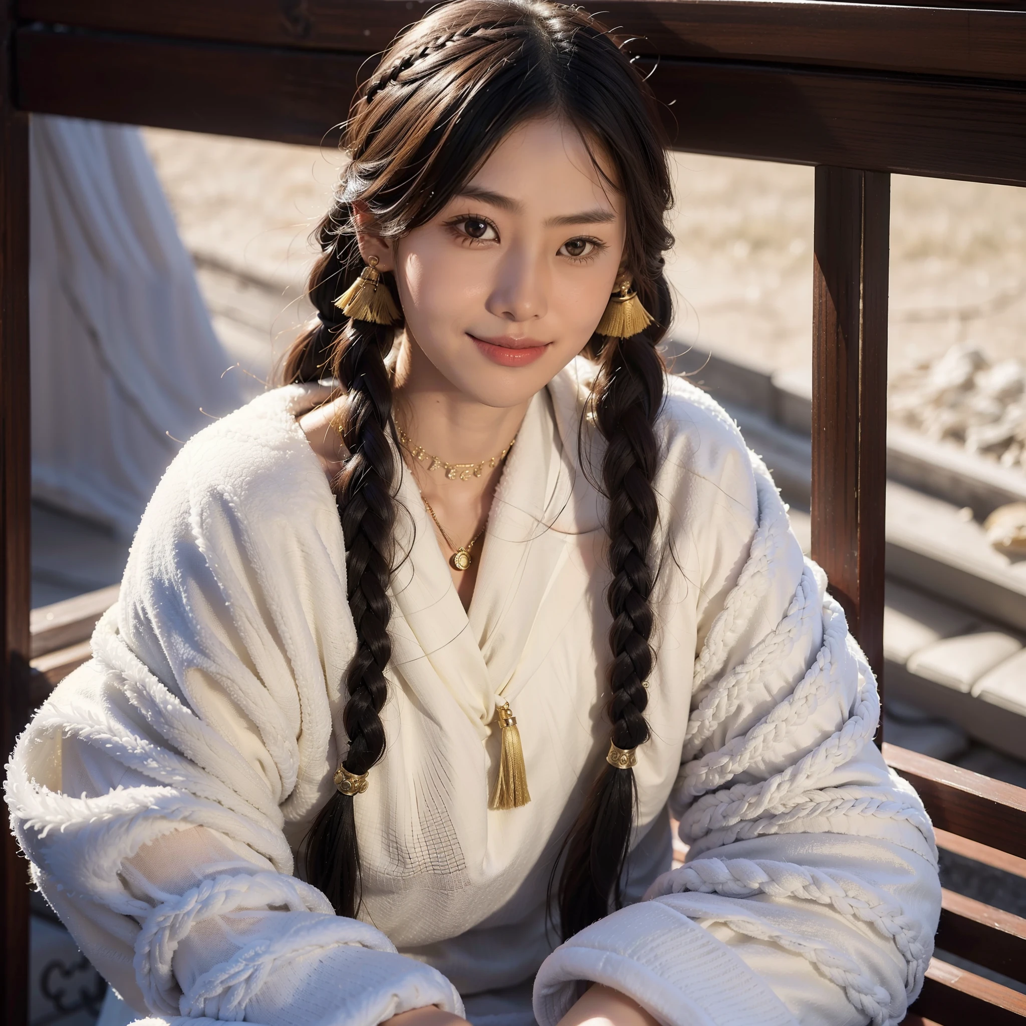 A girl, Long braids, Tibetan girl, Close-up, Raise your head slightly, Smile, Bust photo, Upper body, Appearance Yang Chaoran, Gorgeous Tibetan costumes, Cumbersome Tibetan necklace, Cumbersome Tibetan headdress, Fluff on clothes, White animal flute, Live-action CG, Sweet style, Film style, high definition 4k