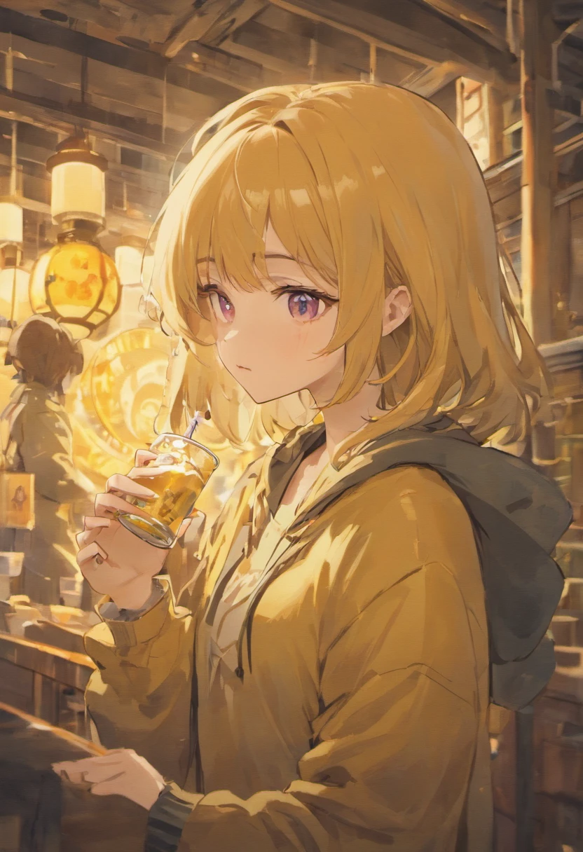 Maximizing female beauty、Delicate and elegant portrait。Depicting a landscape where soft light gently blends into hair and skin。Milk tea hair color、Two-side-up、Bob Hair、Light yellow eyes、Sleepy eyes、Yellow outerwear、Black hoodie、Tapioca milk tea、Holding a drink in your hands、Black hair ornament