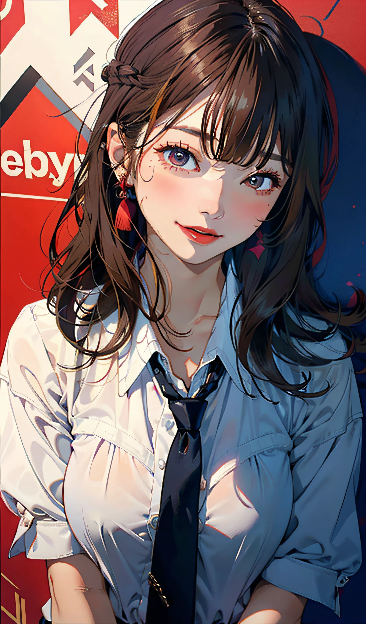 Woman in blue tie and tie and white shirt on man with red pubic hair, 1girl in, breasts, Nipples, Miki Hoshii, hetero, 1boy, Brown hair, SEX, one eye closed, blush, Large breasts, Solo Focus, Open your clothes, Open mouth, Shirt, vaginal, Open Shirt, POV, Happy Sex, Ahoge, Kamisato_Ayaka, Wallpaper, masutepiece,Best Quality, Smiling, Smile the perfect face, Expressive eyes, Intricate details, (Curious,Surprised),emotions, souls, emotive, Fun expression, Funny face, Break Expressive, Colorful, Fun ,funny, Happy, Abstract background, Expressive colors, (Red Background,), Jacket, In love, koi, BREAK (Blonde hair), (Black Brate)