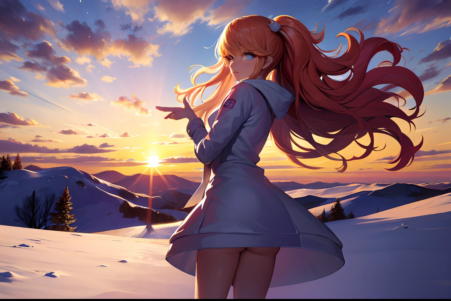 absurdres, highres, best quality, 1girl, snow,comfy, scenery, sunset, clouds, wind,