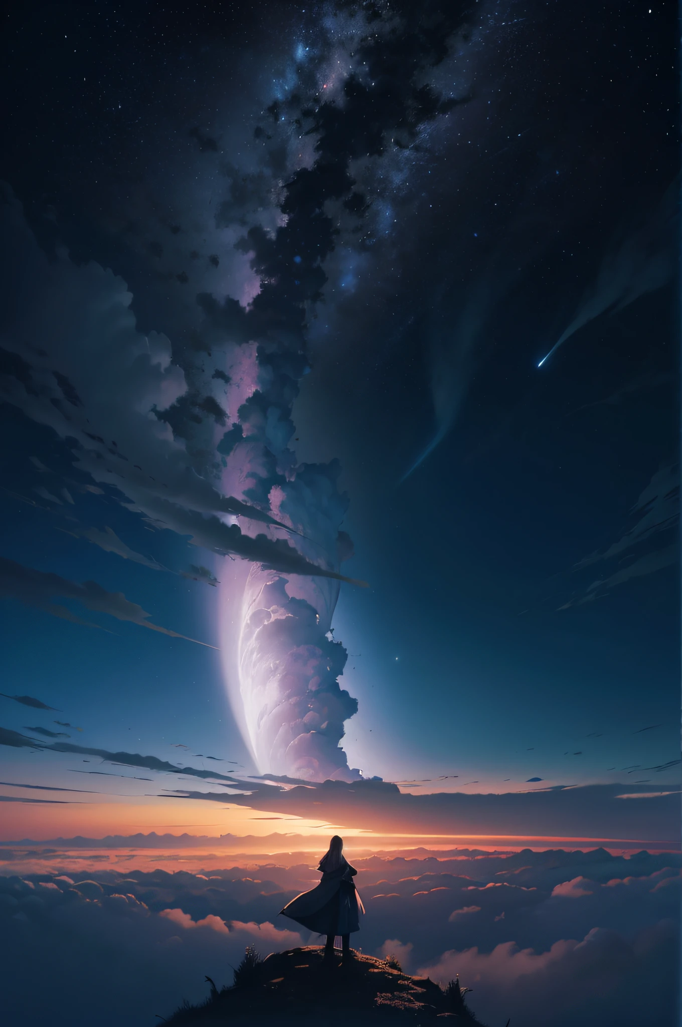 absurdres, highres, (official art, beautiful and aesthetic:1.2), close view, shining sky, vast world, gazing, awe-inspiring expression, distant horizon, clouds, high hill, natural beauty, inspiration, night sky, Shining Stars,