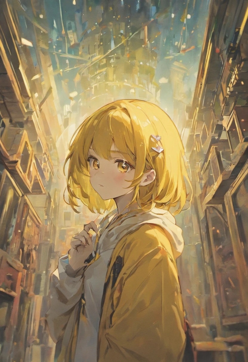 Maximizing female beauty、Delicate and elegant portrait。Depicting a landscape where soft light gently blends into hair and skin。Milk tea hair color、Two Side Up Bob Hair、bright pale yellow eyes、Sleepy eyes、Yellow outerwear、Black hoodie、Tapioca milk tea、Holding a drink in your hands、Black hair ornament、cyberpunked
