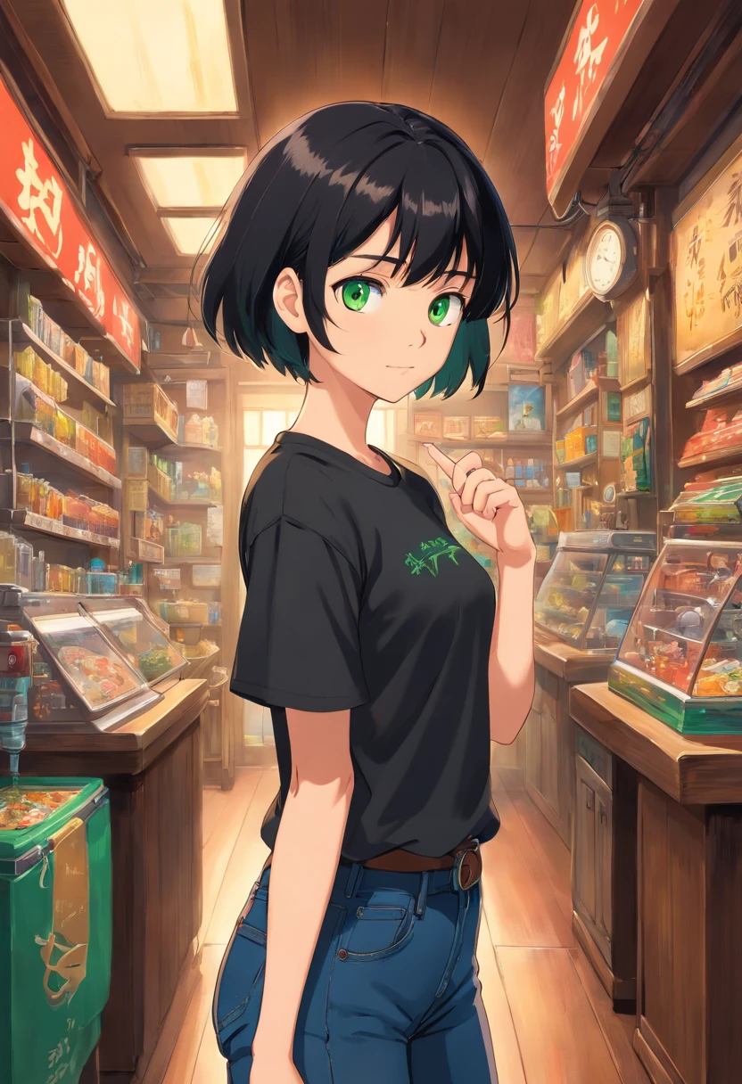 1girl, (masterpiece, best quality:1.2), black hair, short hair, green eyes, Black t-shirt, black short jeans, smart watch,