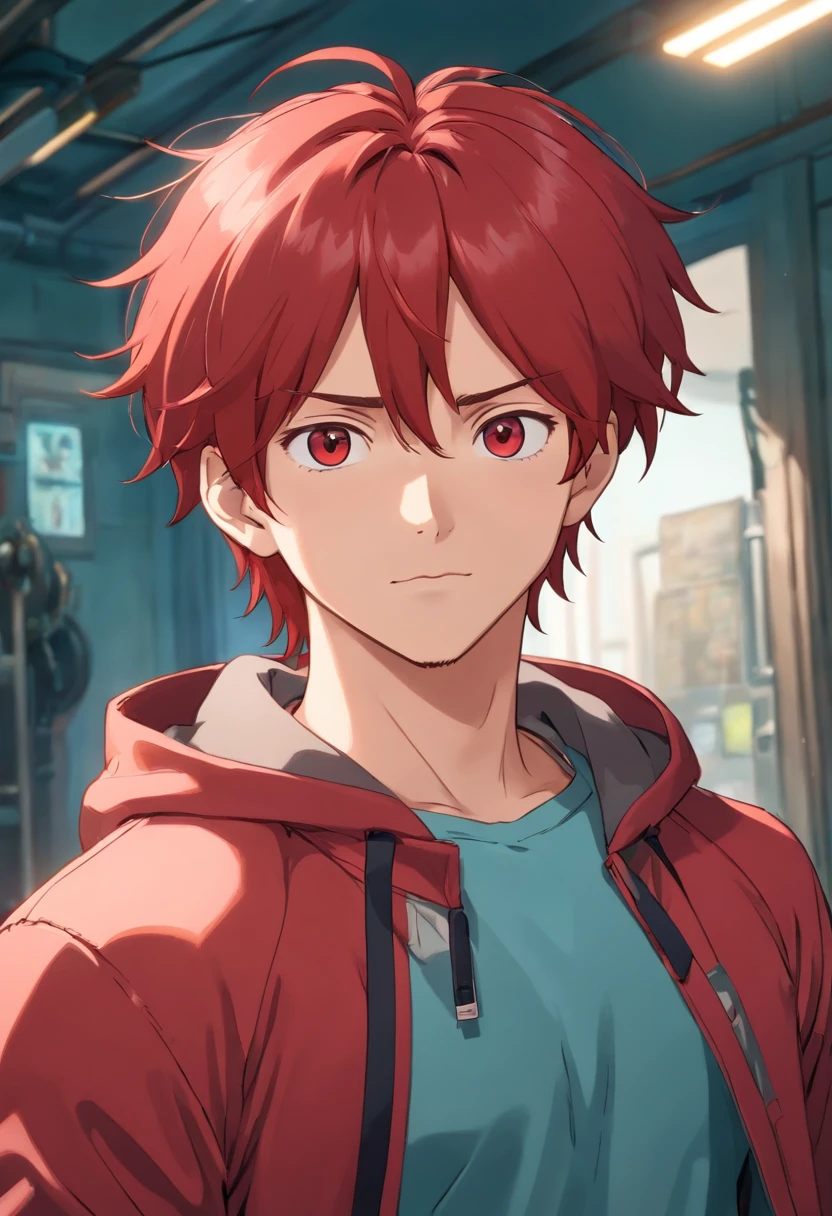 Red hair teen man whit red jacket in body of Bodybuilding that in front viwe