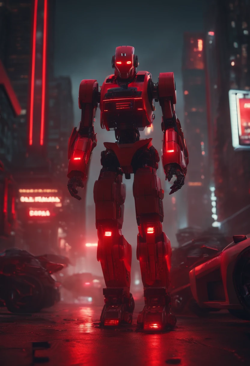 robots, Cyberpunk, 8k, with red lights, with buildings in the background