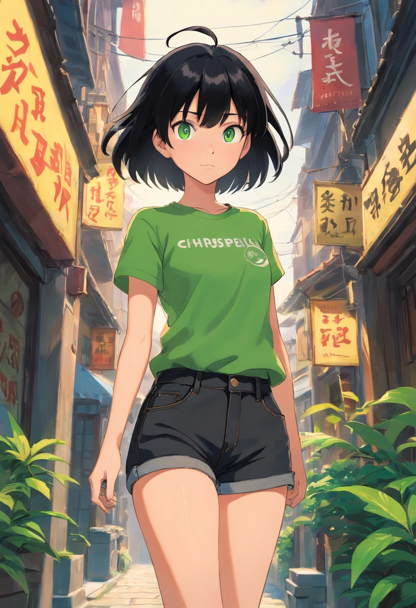 1girl, (masterpiece), black hair, short hair, green eyes, Black t-shirt, black short jeans, energy Power