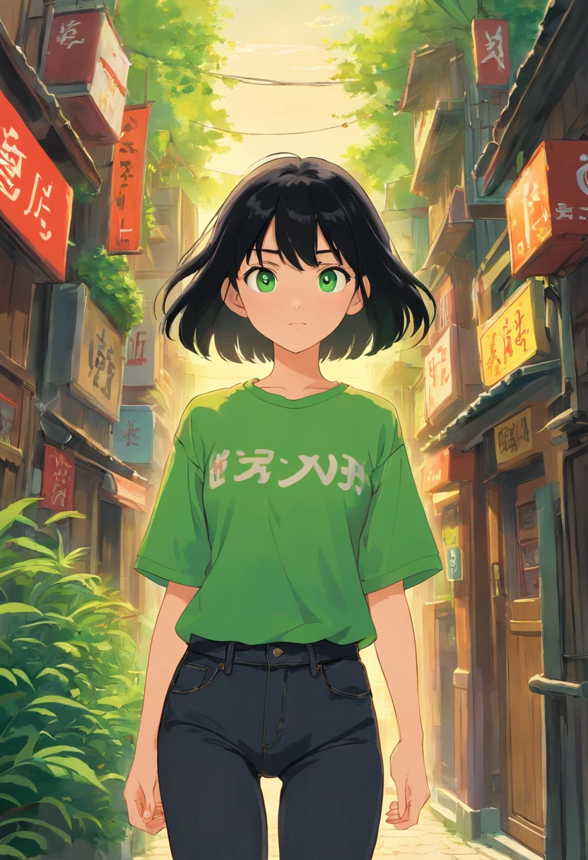 1girl, (masterpiece), black hair, short hair, green eyes, Black t-shirt, black short jeans, energy Power
