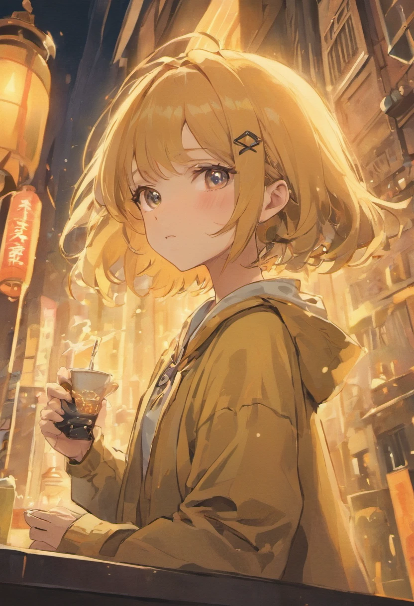 Maximizing female beauty、Delicate and elegant portrait。Depicting a landscape where soft light gently blends into hair and skin。Milk tea hair color、Twin-tailed bob hair、bright pale yellow eyes、Sleepy eyes、Yellow jacket and black hood、Tapioca Milk Tea Drink、Holding a drink in your hands、Black hair ornament、cyberpunked