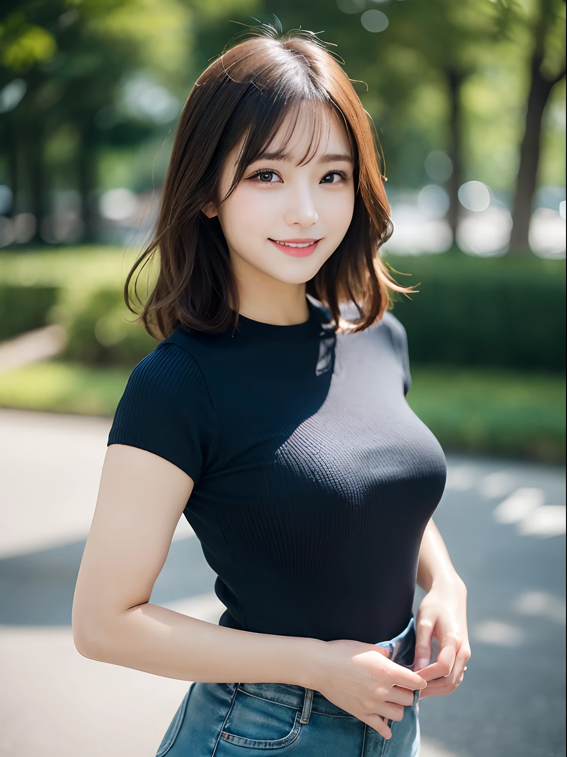 (((1girl)))((best qualtiy, 8K, tmasterpiece:1.3)),((Sharp:1.2, perfect figure beautiful woman:1.4, Slim abs:1.2)), ((Layered Hair Style, huge tit:1.3)),((Highly detailed facial and skin texture，A detailed eye，Black eye,double eyelid, droopy eyes)),(japan girl:1.5)(Brown Hair,Bob Cut)(Polo shirt:1.8),(in park:1.3)Impish Smile