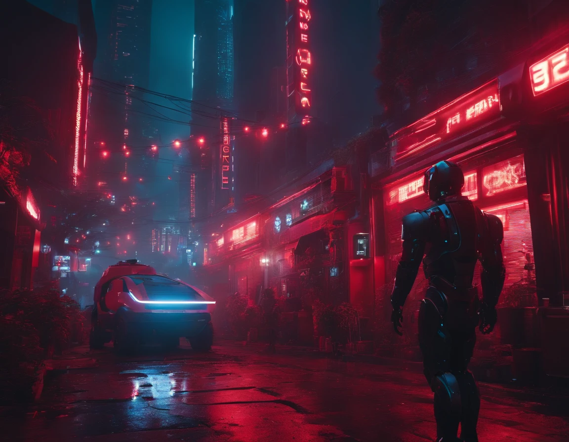 robots, Cyberpunk, 8k, with red lights, with buildings in the background