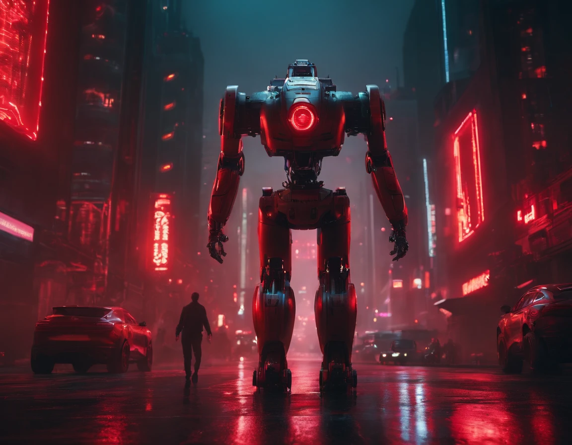 robots, Cyberpunk, 8k, with red lights, with buildings in the background