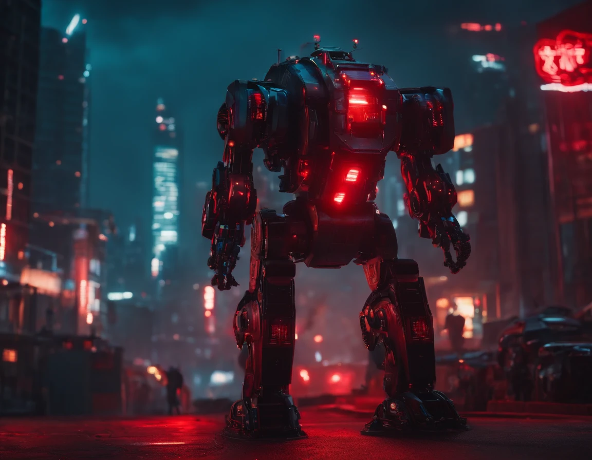 robots, Cyberpunk, 8k, with red lights, with buildings in the background