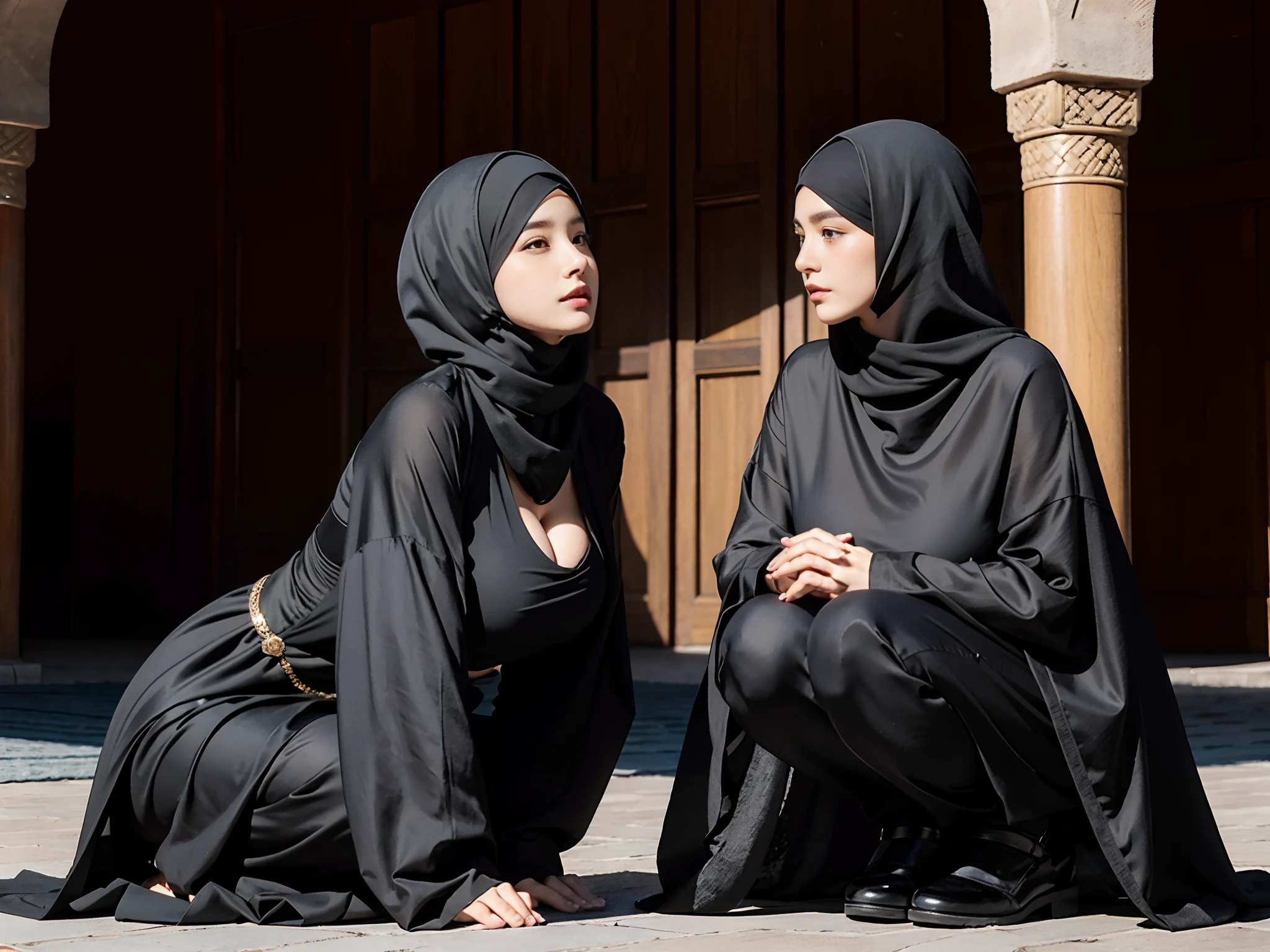((2girls in hijab are from Indonesia who do not wear clothes and pants, the girls are 13 years old and 17 years old)), she is a professional model, (beautiful face, small head, very big breasts, big thighs, clean crotch), (the expression is crying in fright, the eyes are red, the face is flushed, the eyes are detailed), (her face was wet and hijab with a lot of semen, the body was very sweaty), (many people, surrounded by many people, people saw it), (show nipple:1). (show pussy:1.6), set in the Church, (extremely detailed CG 8k wallpaper, a masterpiece, very detailed, very complicated)