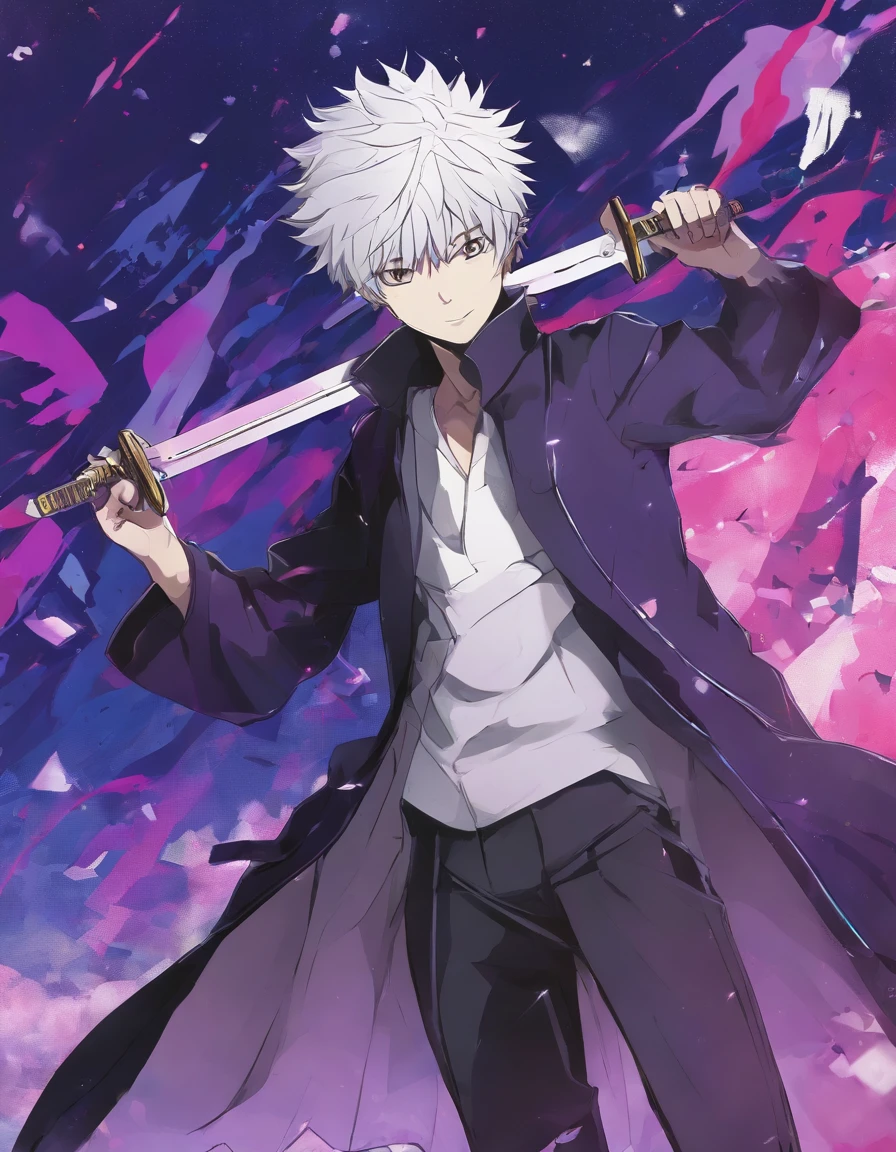 a close up of a person with a sword in a purple background, kaworu nagisa, yoko taro, nagito komaeda, ken kaneki, killua zoldyck, neferpitou, kaneki ken, inspired by Yumihiko Amano, tokyo ghoul, hajime yatate, inspired by Ib Eisner