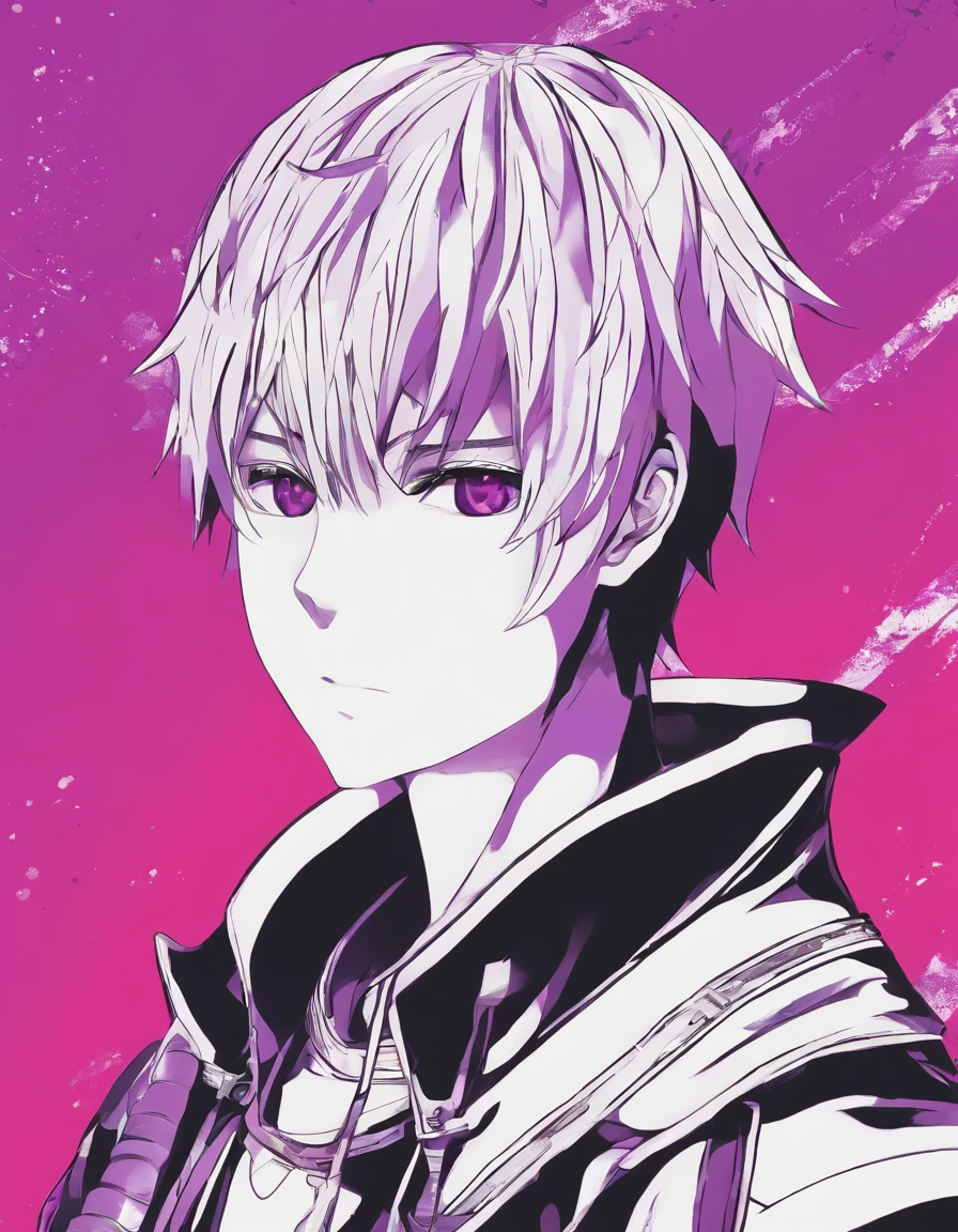 a close up of a person with a sword in a purple background, kaworu nagisa, yoko taro, nagito komaeda, ken kaneki, killua zoldyck, neferpitou, kaneki ken, inspired by Yumihiko Amano, tokyo ghoul, hajime yatate, inspired by Ib Eisner