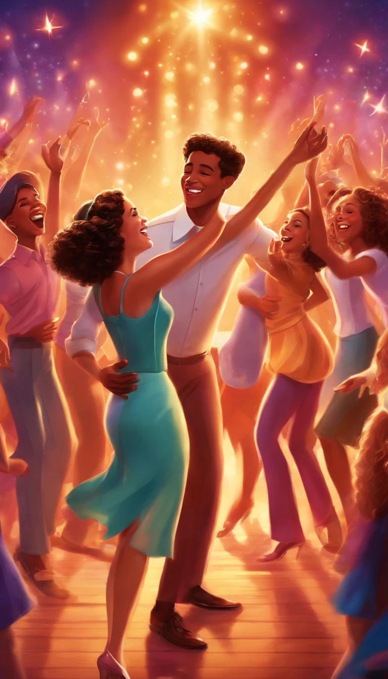 Poster artwork, illustration , Teens party, singing, boys and girls, dancing, happy, celebration, disney style, vibrant, dynamic, high resolution, 16k,