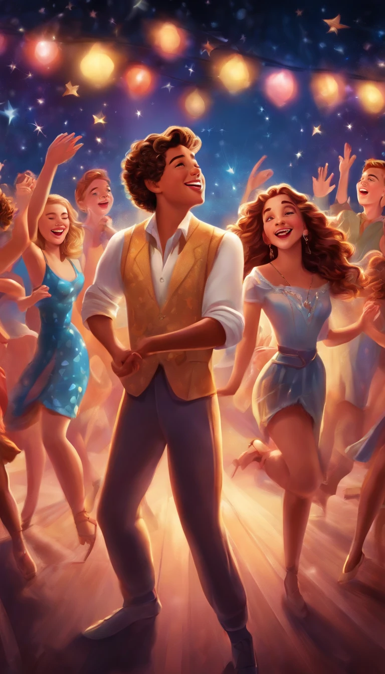 Poster artwork, illustration , s party, singing, boys and girls, dancing, happy, celebration, disney style, vibrant, dynamic, high resolution, 16k,