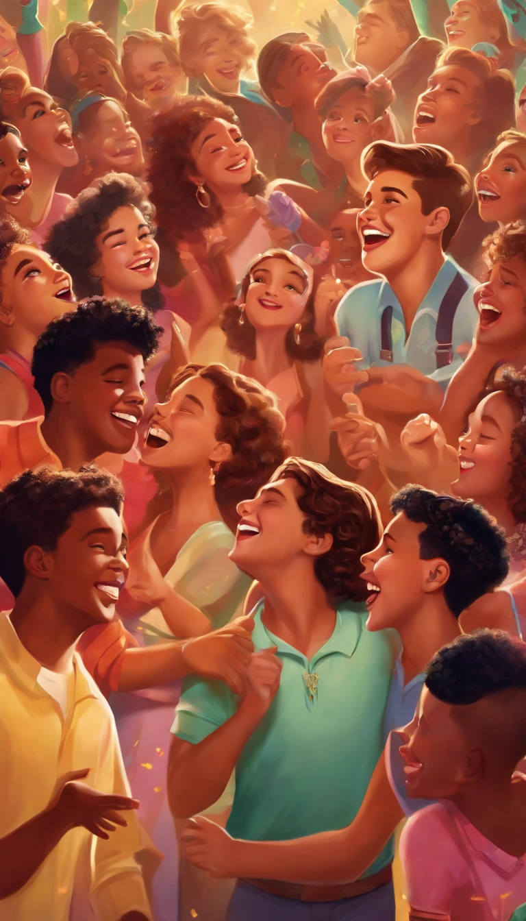 Poster artwork, illustration , s party, singing, boys and girls, dancing, happy, celebration, disney style, vibrant, dynamic, high resolution, 16k,