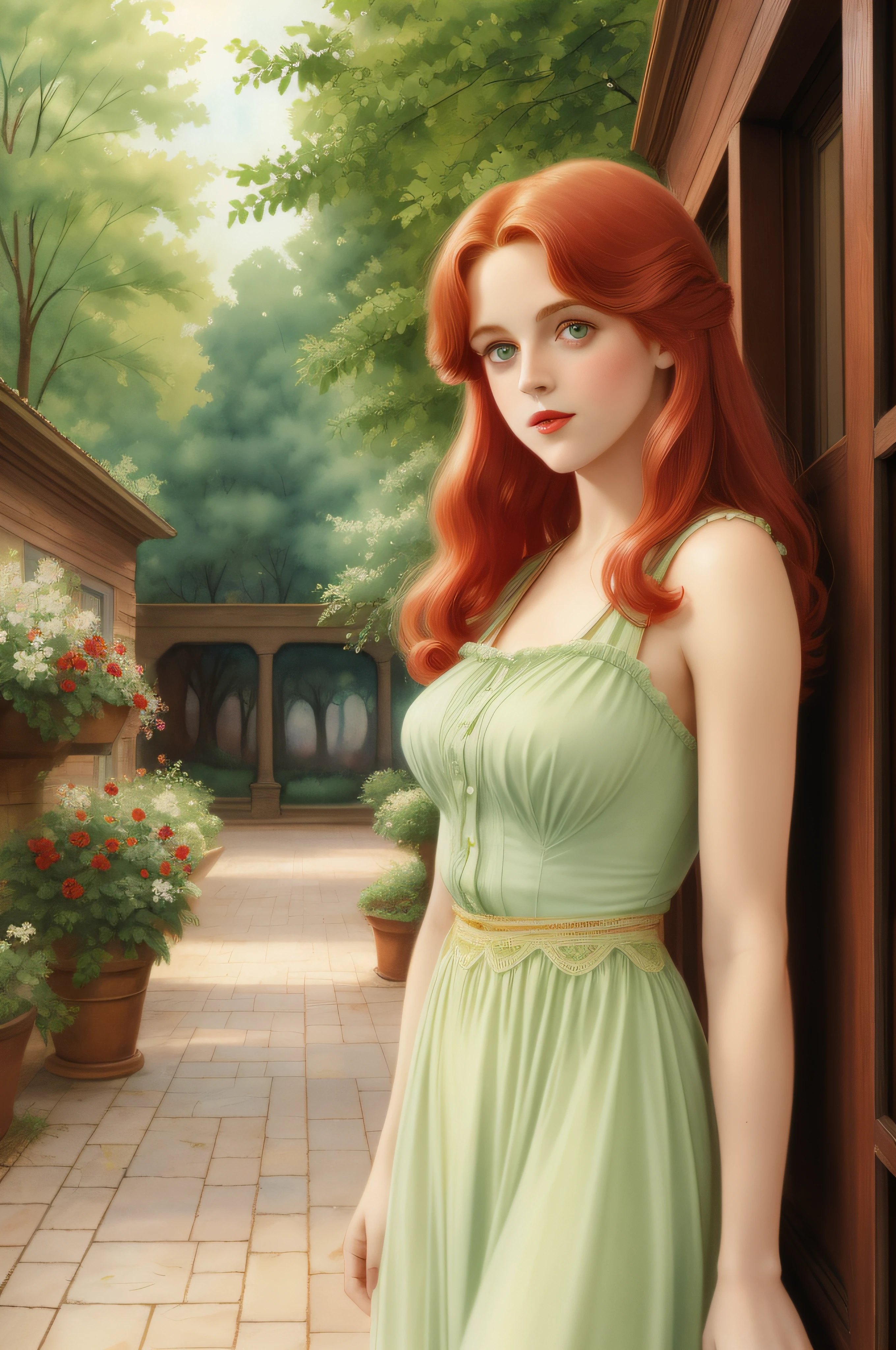 Vintage watercolor of a red hair, Green-eyed young lady resembling Alicia Silverstone with a nostalgic air. She is dressed in a pale red, sleeveless, 1910s style dress, in a courtyard full of trees and with.