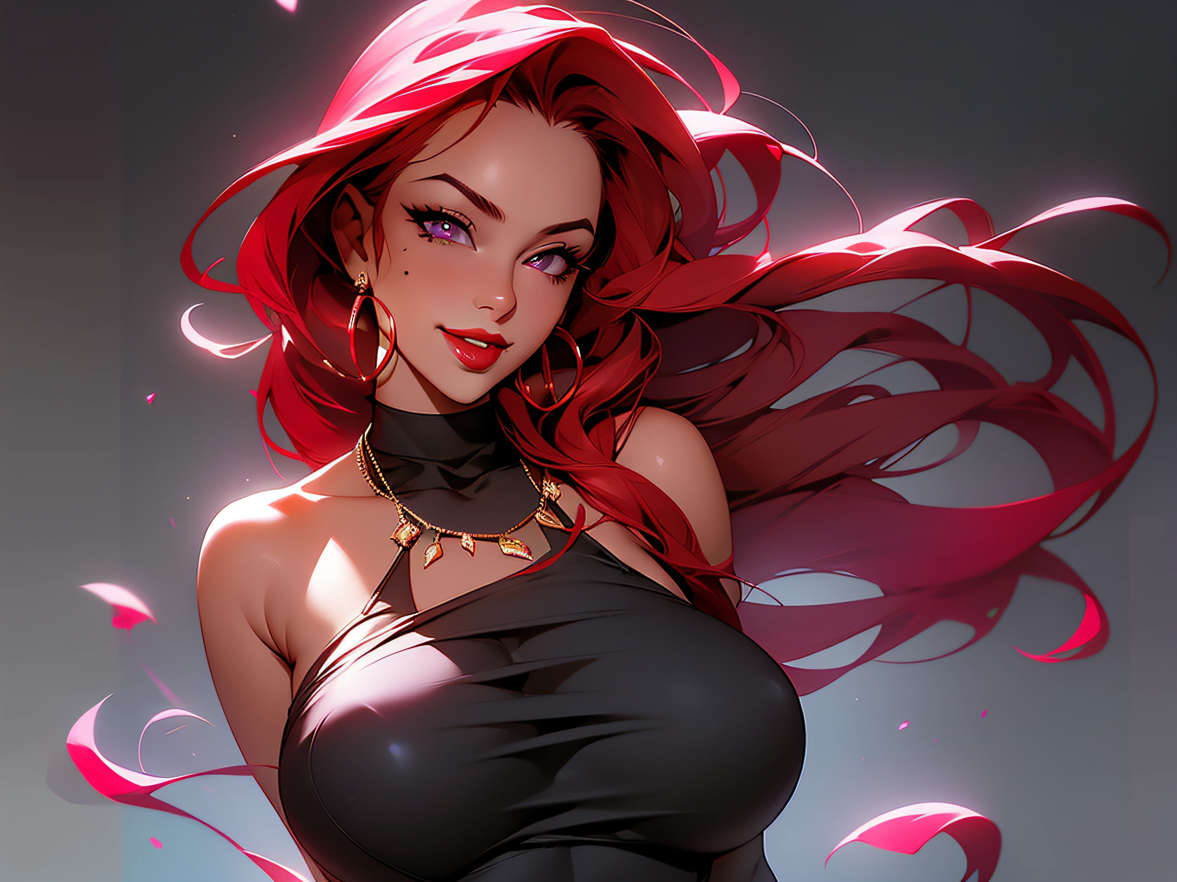 1girl, red hair, jewelry, long hair, solo, earrings, mole under mouth, hair ornament, dress, black dress, gloves, necklace, elbow gloves, looking at viewer, purple eyes, arms up, armpits, red lips, smile, black background, plant, upper body,parted lips,red lips,milf,huge breasts, parted lips,(shiny skin),(mature female:1.2)
