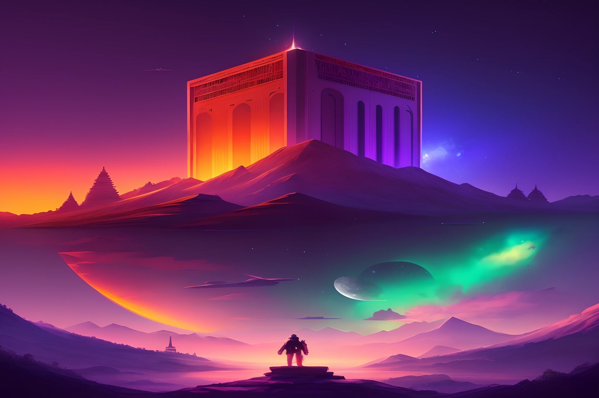 a man standing on a hill looking at a tower in the sky, Artgem e Beeple Masterpiece, cores do bipe, Arte bonita UHD 4K, arstation e bipe altamente, em estilo de bipe, Artem Demura Beeple, arte do bipe, Obra-prima Beeple, 4K HD papel de parede ilustrativo
