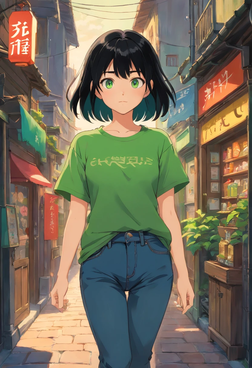 1girl, (masterpiece), black hair, short hair, green eyes, Black t-shirt, black short jeans,