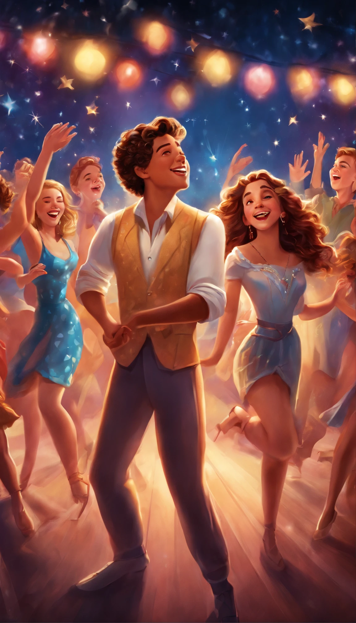 Poster artwork, illustration , Teens party, singing, boys and girls, dancing, happy, celebration, disney style, vibrant, dynamic, high resolution, 16k,
