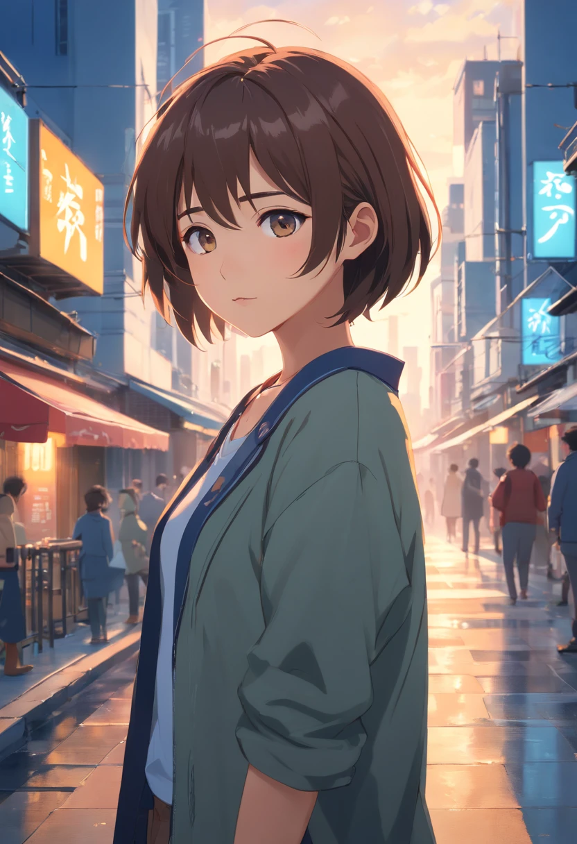 ((Best quality, 8k, Masterpiece :1.3)), Sharp focus :1.2, A pretty woman with perfect figure :1.4, Slender abs :1.2, ((Dark brown hair, Big breasts :1.2)), (White button up long shirt :1.1), City street:1.2, Highly detailed face and skin texture, Detailed eyes, Double eyelid