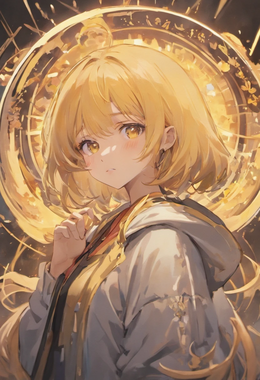 Maximize the boy's beauty、Delicate and elegant portrait。Depicting a landscape where soft light gently blends into hair and skin。shoun、Milk tea hair color、short-hair、bright pale yellow eyes、A little sharp eye、long lashes、Milk tea colored lashes yellow jacket and black hood、cyberpunked、black gloves