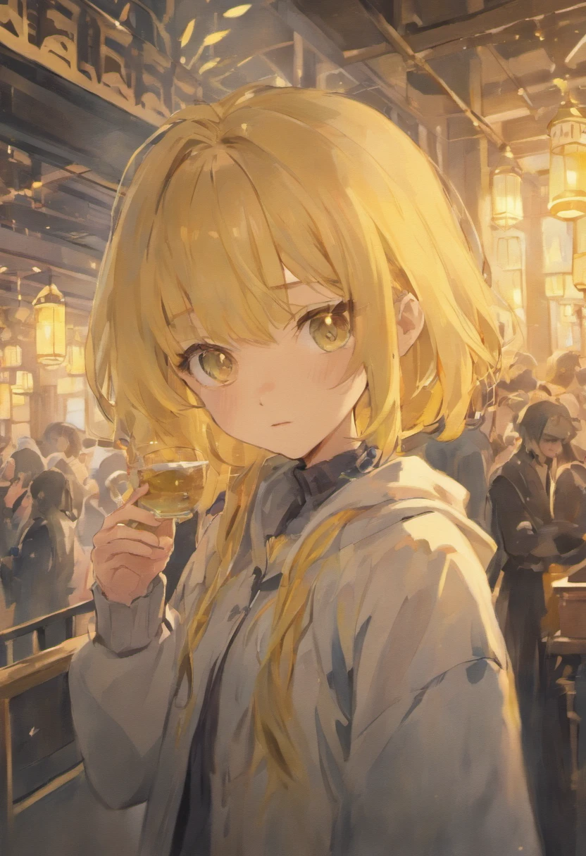 Maximize the boy's beauty、Delicate and elegant portrait。Depicting a landscape where soft light gently blends into hair and skin。shoun、Milk tea hair color、short-hair、bright pale yellow eyes、A little sharp eye、long lashes、Milk tea colored lashes yellow jacket and black hood、cyberpunked、black gloves